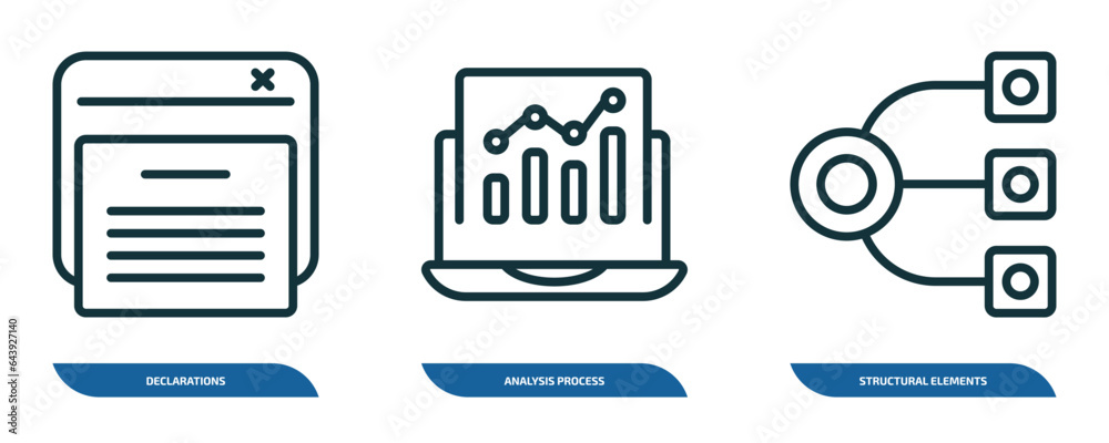 set of 3 linear icons from technology collection. concept. outline icons such as declarations, analysis process, structural elements vector set of 3 linear icons from technology collection. concept. outline icons such as declarations, analysis process, structural elements vector