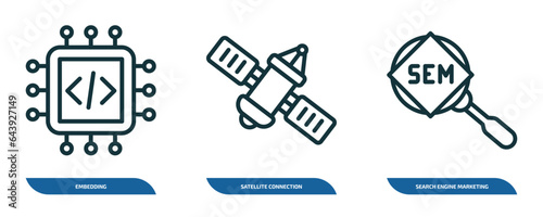 set of 3 linear icons from technology concept. outline icons such as embedding, satellite connection, search engine marketing vector