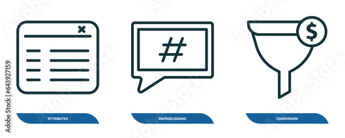 set of 3 linear icons from technology concept. outline icons such as attributes, microblogging, conversion vector