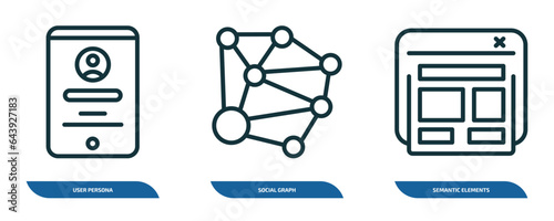 set of 3 linear icons from technology concept. outline icons such as user persona, social graph, semantic elements vector