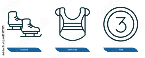 set of 3 linear icons from sports concept. outline icons such as ice skates, chest guard, third vector