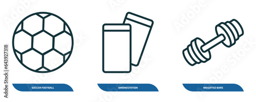 set of 3 linear icons from sports concept. outline icons such as soccer football ball, amonestation, weighted bars vector