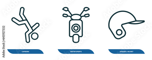 set of 3 linear icons from sports concept. outline icons such as capoeira, motor sports, baseball helmet vector