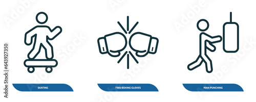set of 3 linear icons from sports concept. outline icons such as skating, two boxing gloves, man punching vector