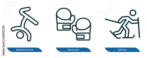 set of 3 linear icons from sports concept. outline icons such as breakdancing dancer, boxing gloves, skier skiing vector