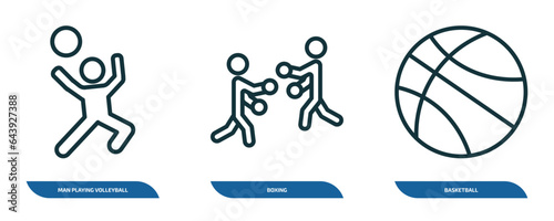 set of 3 linear icons from sport concept. outline icons such as man playing volleyball, boxing, basketball vector