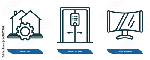 set of 3 linear icons from smart home concept. outline icons such as automation, automated door, smart television vector