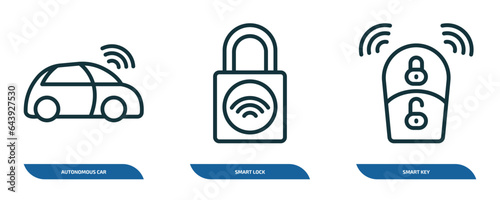 set of 3 linear icons from smart home concept. outline icons such as autonomous car, smart lock, smart key vector