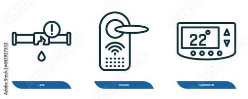 set of 3 linear icons from smart home concept. outline icons such as leak, locking, thermostat vector