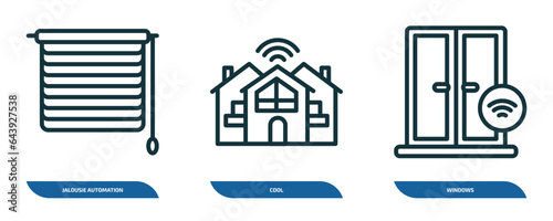 set of 3 linear icons from smart home concept. outline icons such as jalousie automation, cool, windows vector