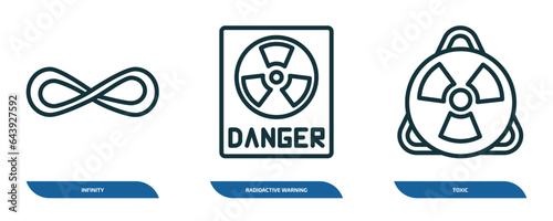 set of 3 linear icons from signs concept. outline icons such as infinity, radioactive warning, toxic vector