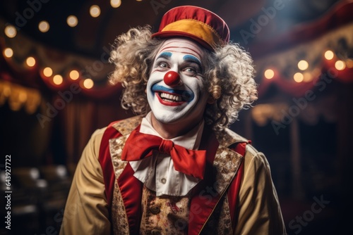 Photo of a vintage style clown in a dimly lit room created with Generative AI technology