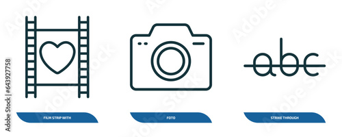 set of 3 linear icons from shapes concept. outline icons such as film strip with heart, foto, strike through vector