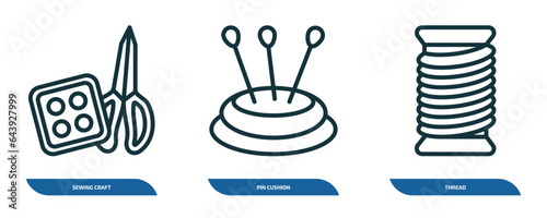 set of 3 linear icons from sew concept. outline icons such as sewing craft, pin cushion, thread vector