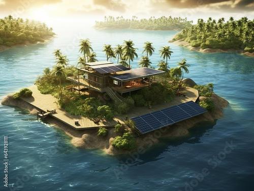 Tropical Island powered by Solar Energy. Ai Generated