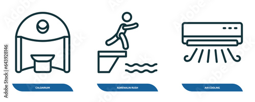 set of 3 linear icons from sauna concept. outline icons such as caldarium, adrenalin rush, air cooling vector