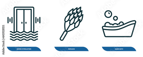 set of 3 linear icons from sauna concept. outline icons such as sound stimulation, hemlock, asian bath vector