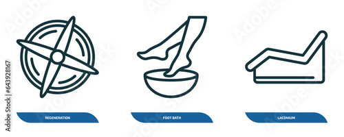 set of 3 linear icons from sauna concept. outline icons such as regeneration, foot bath, laconium vector