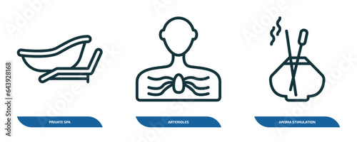 set of 3 linear icons from sauna concept. outline icons such as private spa, arterioles, aroma stimulation vector