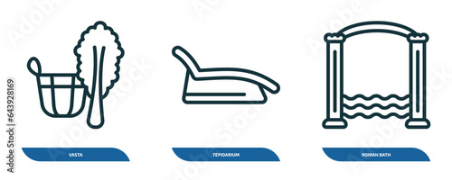 set of 3 linear icons from sauna concept. outline icons such as vasta, tepidarium, roman bath vector