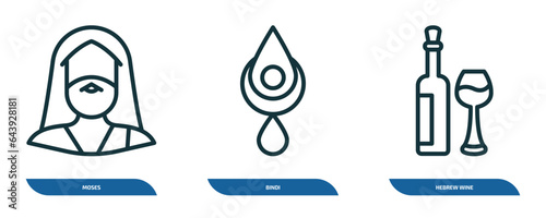 set of 3 linear icons from religion concept. outline icons such as moses, bindi, hebrew wine vector