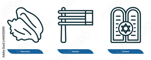 set of 3 linear icons from religion concept. outline icons such as conch shell, gragger, halakha vector