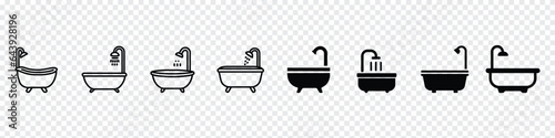 Vector black icon for baths, Bath and shower line outline icon, Bathub and Shower Icon Vector. Illustration Vector graphic of bathub icon. Bathroom Element Symbol