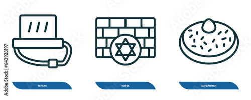 set of 3 linear icons from religion concept. outline icons such as tefilin, kotel, sufganiyah vector