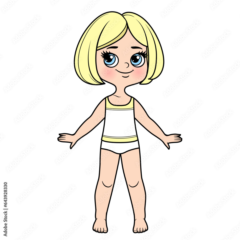 Cute cartoon girl with short bob haircut dressed in underwear and barefoot Cute cartoon girl with short bob haircut dressed in underwear and barefoot