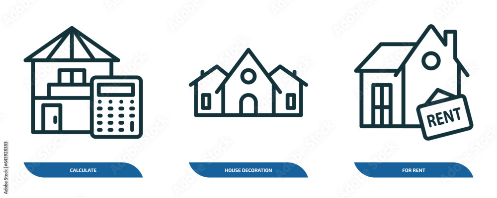 set of 3 linear icons from real estate concept. outline icons such as calculate, house decoration, for rent vector
