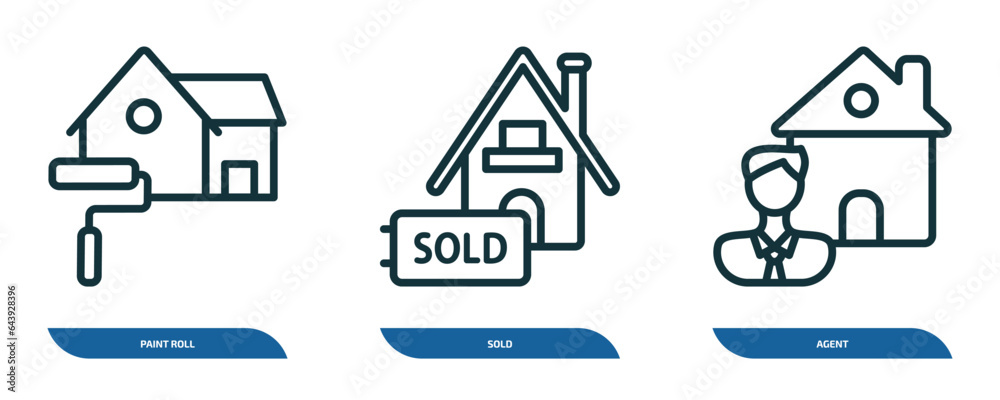 set of 3 linear icons from real estate concept. outline icons such as paint roll, sold, agent vector