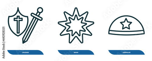 set of 3 linear icons from religion concept. outline icons such as crusade, bahai, yarmulke vector