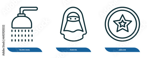 set of 3 linear icons from religion concept. outline icons such as islamic ghusl, hijab veil, anglican vector