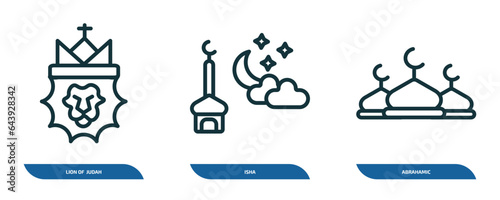 set of 3 linear icons from religion concept. outline icons such as lion of judah, isha, abrahamic vector