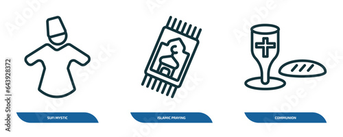 set of 3 linear icons from religion concept. outline icons such as sufi mystic, islamic praying carpet, communion vector