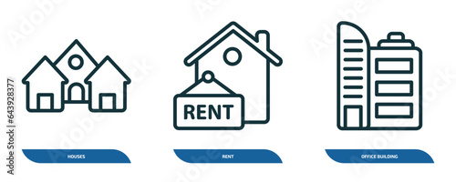 set of 3 linear icons from real estate concept. outline icons such as houses, rent, office building vector