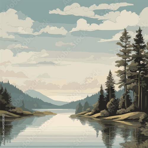 Create a detailed vector scene that immerses viewers in the serenity of a natural landscape. Through careful rendering, depict a calm lake, gentle rolling hills, a serene forest, and a clear sky with