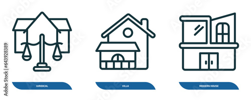 set of 3 linear icons from real estate concept. outline icons such as juridical, villa, modern house vector