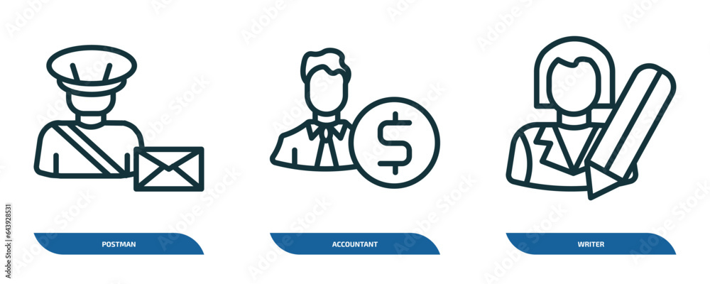 set of 3 linear icons from professions concept. outline icons such as postman, accountant, writer vector set of 3 linear icons from professions concept. outline icons such as postman, accountant, writer vector