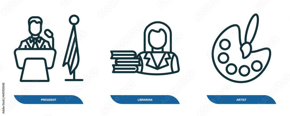 Fototapeta premium set of 3 linear icons from professions collection. concept. outline icons such as president, librarian, artist vector