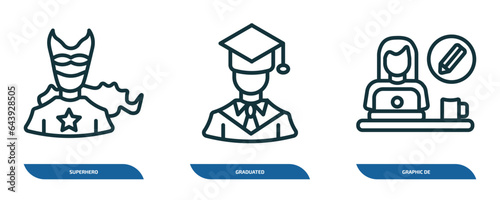 set of 3 linear icons from professions concept. outline icons such as superhero, graduated, graphic de vector