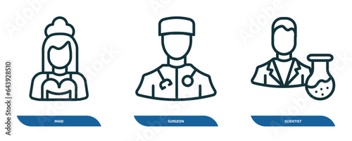 set of 3 linear icons from professions concept. outline icons such as maid, surgeon, scientist vector