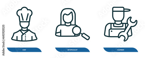 set of 3 linear icons from professions concept. outline icons such as chef, hr specialist, plumber vector