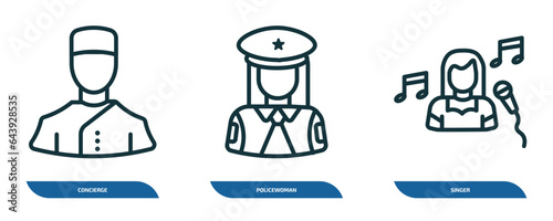 set of 3 linear icons from professions concept. outline icons such as concierge, policewoman, singer vector
