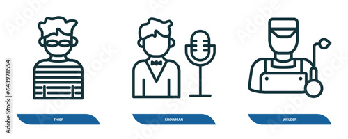 set of 3 linear icons from professions concept. outline icons such as thief, showman, welder vector