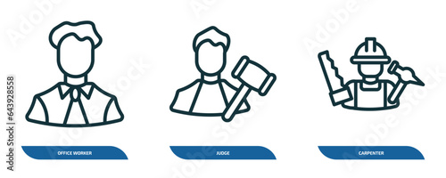 set of 3 linear icons from professions concept. outline icons such as office worker, judge, carpenter vector