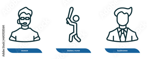 set of 3 linear icons from professions concept. outline icons such as bouncer, baseball player, businessman vector