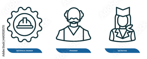 set of 3 linear icons from professions concept. outline icons such as mechanical engineer, pensioner, air hostess vector