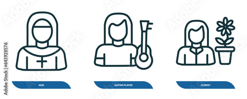 set of 3 linear icons from professions concept. outline icons such as nun, guitar player, florist vector