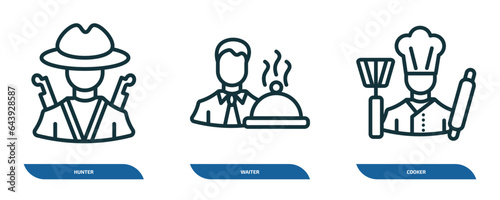set of 3 linear icons from professions concept. outline icons such as hunter, waiter, cooker vector